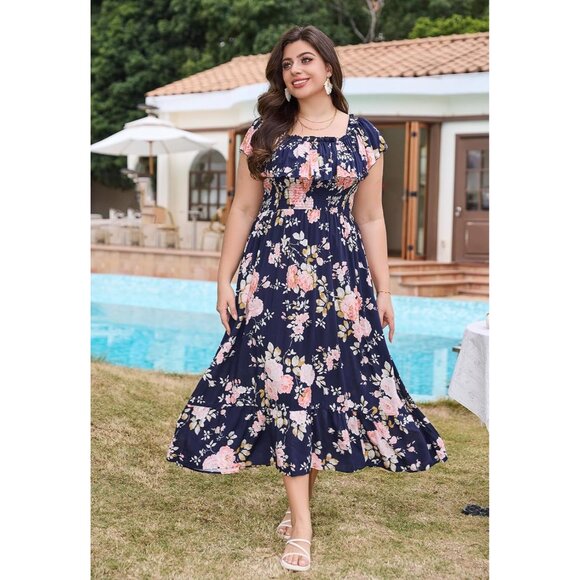 Plus Size Maxi Dress Floral Off Shoulder Empire Waist Casual Church - Picture 2 of 7